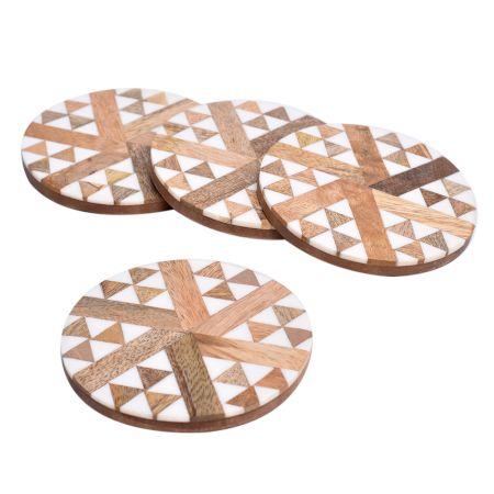 Wooden And Resin Beige Coasters With Triangle Motifs In Set Of 4